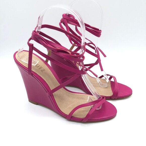 Schutz Deonne Strappy Fuchsia Wedge Leather Sandals Ankle Strap Size 7 B - Picture 10 of 10